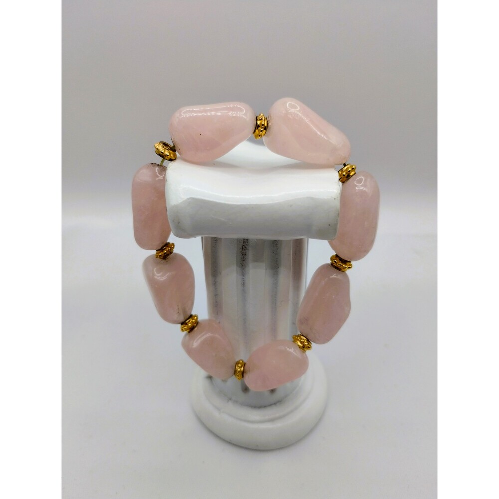Natural Stone Bead Pink Rose Quartz with Gold Tone Spacers Bracelet